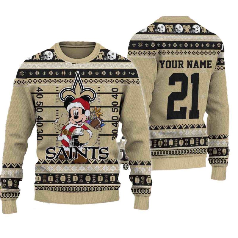 Personalized New Orleans Saints Mickey Mouse Santa Ugly Sweater 1