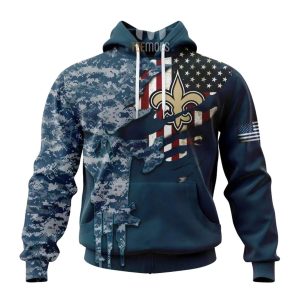 Personalized New Orleans Saints Navy Skull Camo Veteran AOP Hoodie