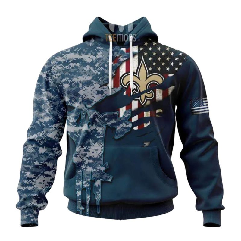 Personalized New Orleans Saints Navy Skull Camo Veteran Aop Hoodie 1