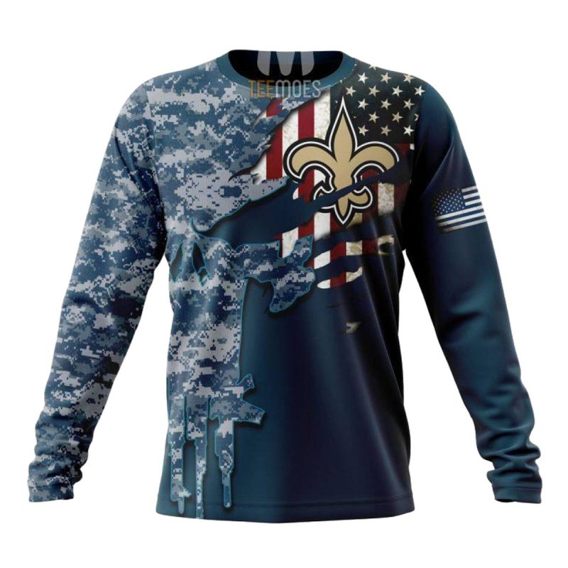 Personalized New Orleans Saints Navy Skull Camo Veteran Aop Sweatshirt 1