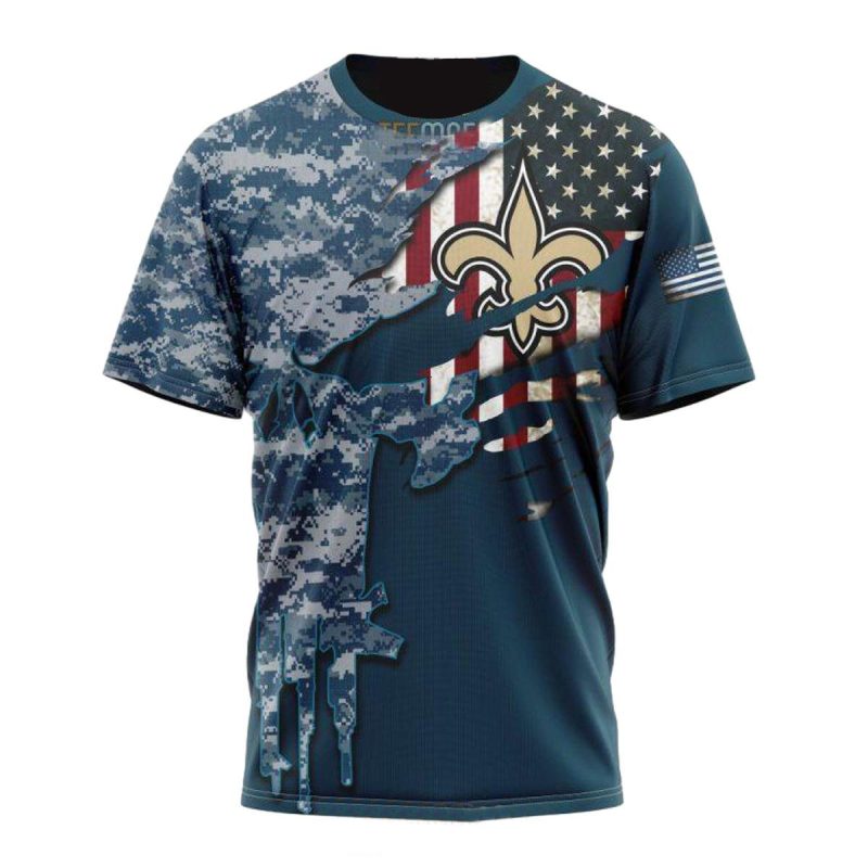 Personalized New Orleans Saints Navy Skull Camo Veteran Aop T Shirt 1