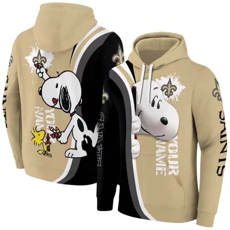 Personalized New Orleans Saints Peeking Snoopy Gold Black Aop Hoodie 1
