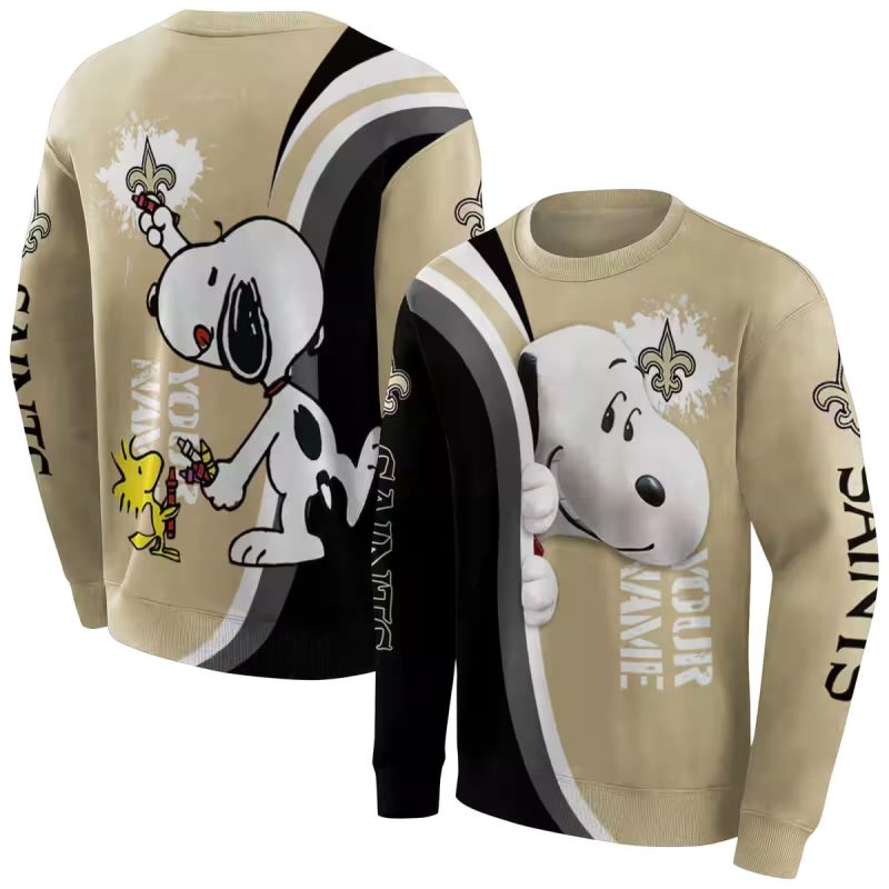 Personalized New Orleans Saints Peeking Snoopy Gold Black Aop Sweatshirt 1