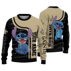 Personalized New Orleans Saints Stitch Art Black Gold AOP Sweatshirt