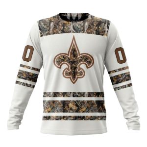 Personalized New Orleans Saints White Camo Hunting AOP Sweatshirt