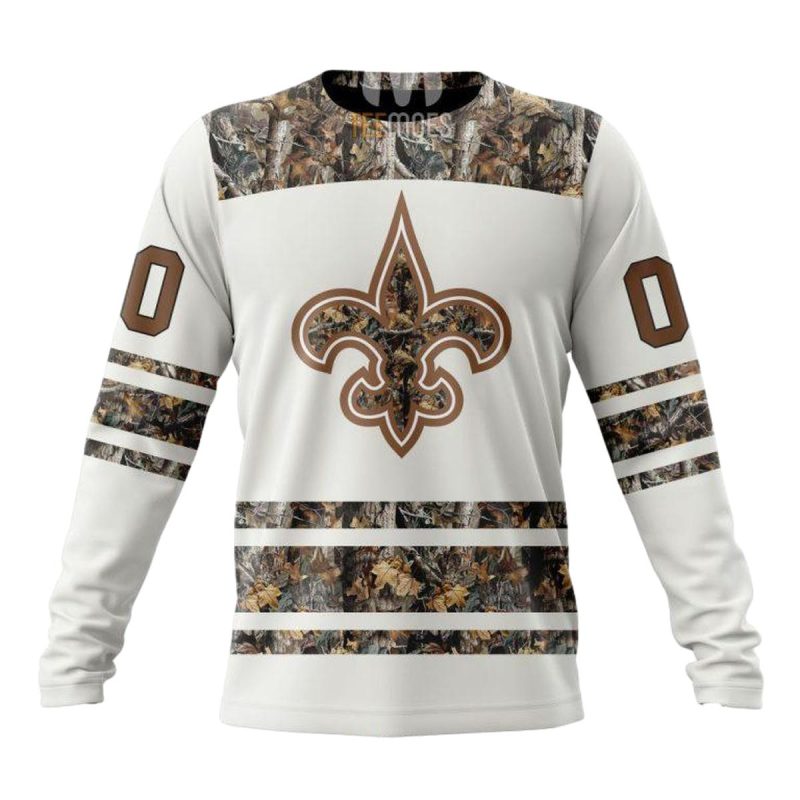 Personalized New Orleans Saints White Camo Hunting Aop Sweatshirt 1