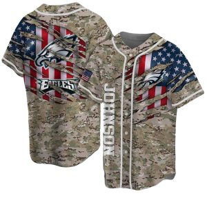 Personalized Philadelphia Eagles Camo And Flag Baseball Jersey