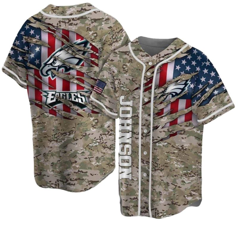 Personalized Philadelphia Eagles Camo And Flag Baseball Jersey 1