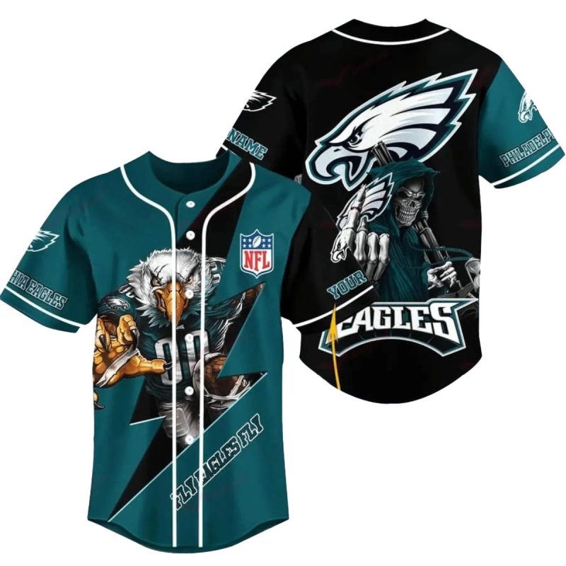 Personalized Philadelphia Eagles Mascot And Death Black And Green Baseball Jersey 1