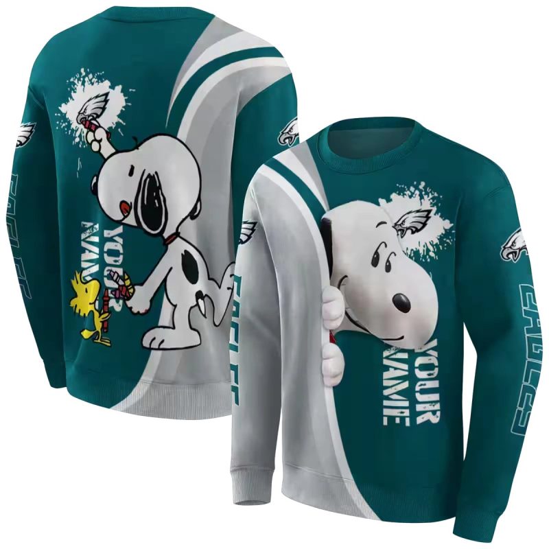 Personalized Philadelphia Eagles Peeking Snoopy Green Aop Sweatshirt 1