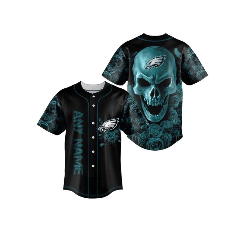 Personalized Philadelphia Eagles Skull Rose And Logo Baseball Jersey 1