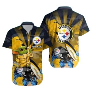 Personalized Pittsburgh Steelers And Baby Yoda Sunset Pattern Hawaiian Shirt