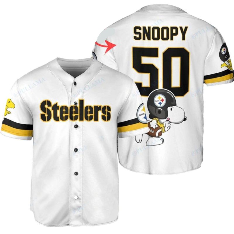 Personalized Pittsburgh Steelers And Snoopy White Baseball Jersey 1