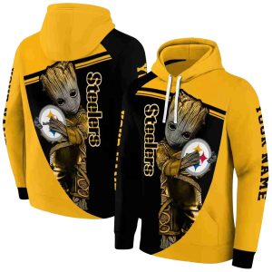 Personalized Pittsburgh Steelers Baby Groot Hug Logo Gold AOP Hoodie