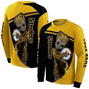 Personalized Pittsburgh Steelers Baby Groot Hug Logo Gold AOP Sweatshirt