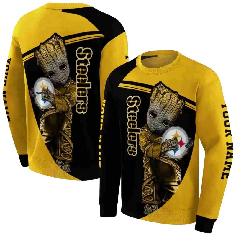 Personalized Pittsburgh Steelers Baby Groot Hug Logo Gold Aop Sweatshirt 1