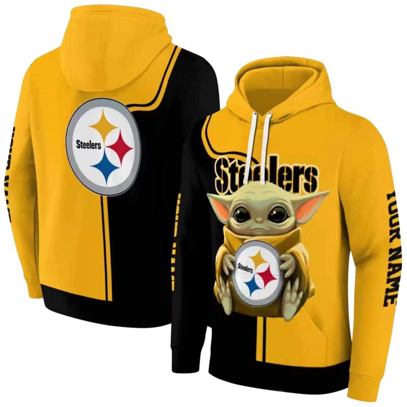 Personalized Pittsburgh Steelers Baby Yoda Hug Logo Gold Black Aop Hoodie 1