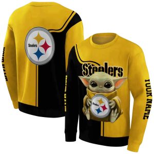 Personalized Pittsburgh Steelers Baby Yoda Hug Logo Gold Black AOP Sweatshirt