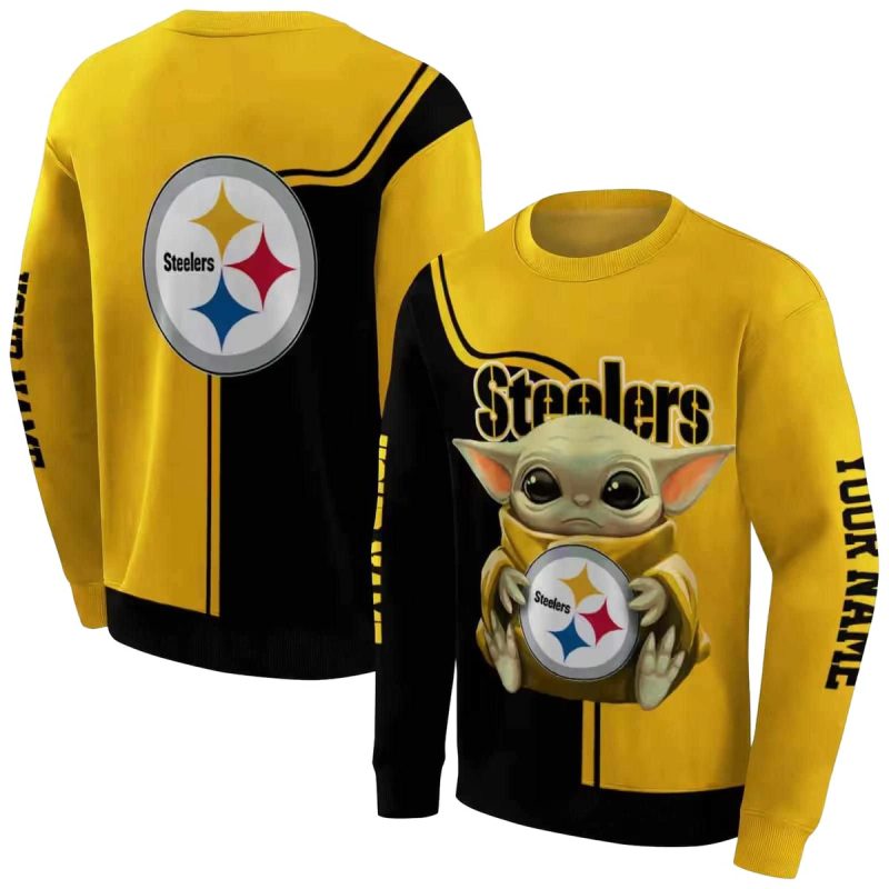 Personalized Pittsburgh Steelers Baby Yoda Hug Logo Gold Black Aop Sweatshirt 1