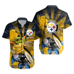 Personalized Pittsburgh Steelers Baby Yoda Loves Logo Sunset Pattern Hawaiian Shirt