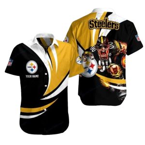 Personalized Pittsburgh Steelers Black White And Gold Mascot Hawaiian Shirt
