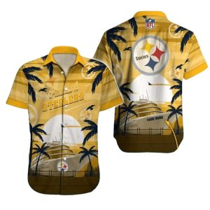 Personalized Pittsburgh Steelers Cruise Ship Sunset Palm Trees Hawaiian Shirt