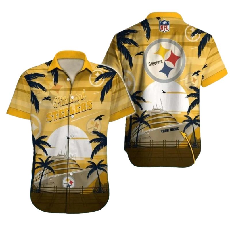 Personalized Pittsburgh Steelers Cruise Ship Sunset Palm Trees Hawaiian Shirt 1
