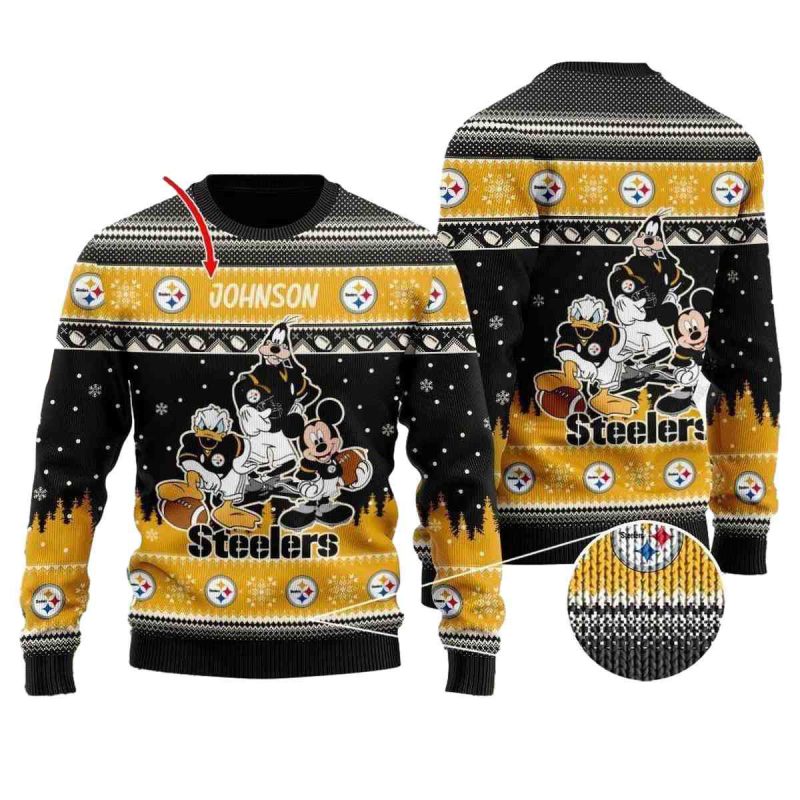 Personalized Pittsburgh Steelers Disney Donald Duck Mickey Mouse Goofy Ugly Sweater 1