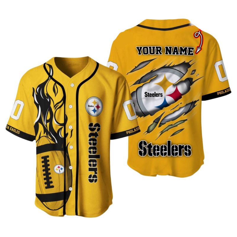 Personalized Pittsburgh Steelers Flame Ball Inside Me Yellow Baseball Jersey 1