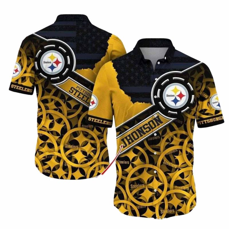Personalized Pittsburgh Steelers Flaming Touchdown Multi Logo Black And Yellow Hawaiian Shirt 1