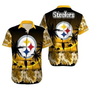 Personalized Pittsburgh Steelers Golden Sunset Flamingo Hawaiian Shirt