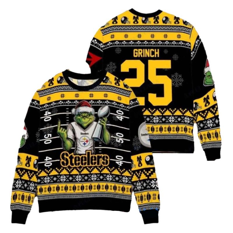 Personalized Pittsburgh Steelers Grinch Super Bowl Trophy Ugly Sweater 1