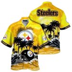 Personalized Pittsburgh Steelers Logo And Helmet Sunset Palms Beach Vibe Hawaiian Shirt