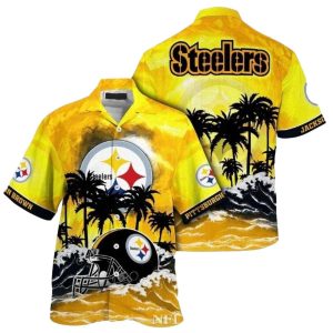 Personalized Pittsburgh Steelers Logo And Helmet Sunset Palms Beach Vibe Hawaiian Shirt