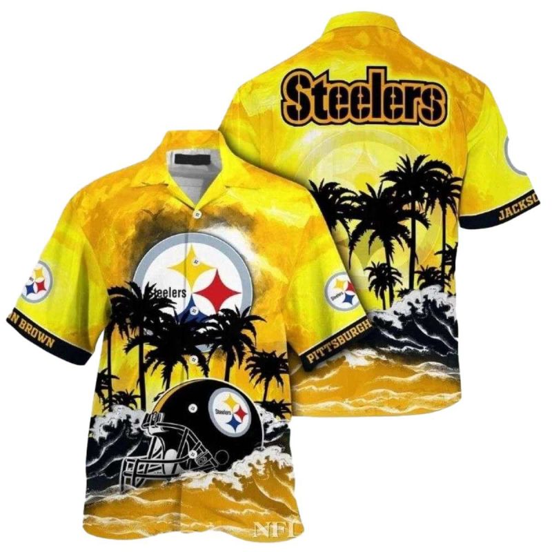 Personalized Pittsburgh Steelers Logo And Helmet Sunset Palms Beach Vibe Hawaiian Shirt 1