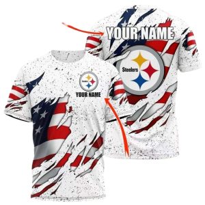 Personalized Pittsburgh Steelers Logo And Us Flag White AOP T-Shirt