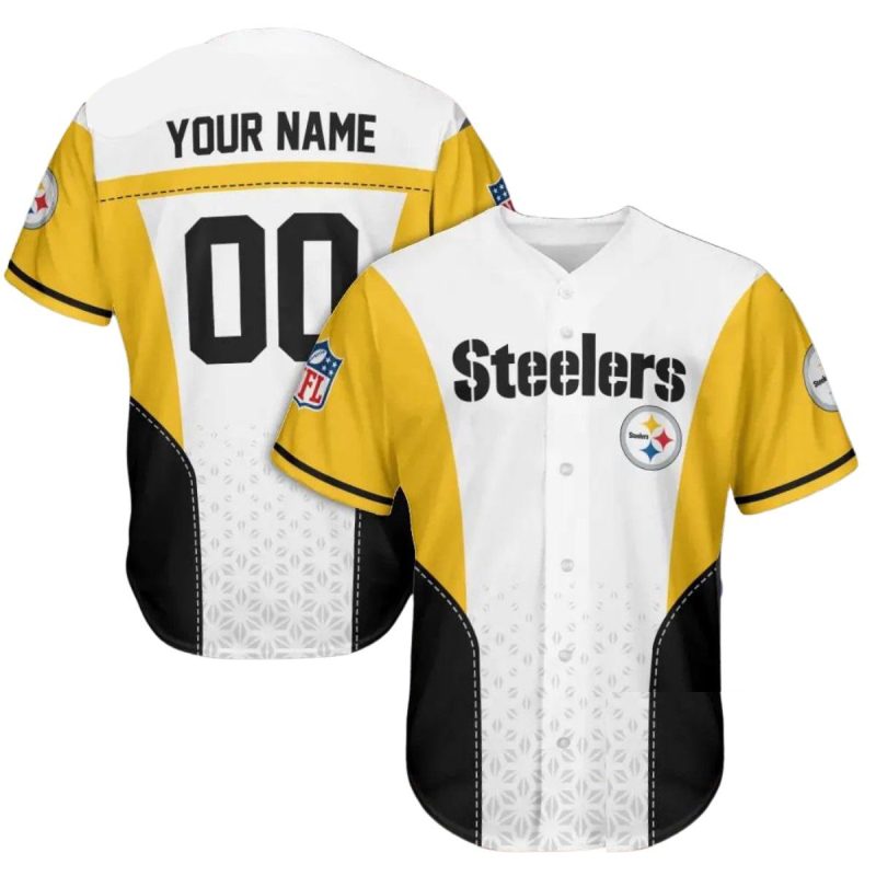 Personalized Pittsburgh Steelers Logo Basic Design Black White And Yellow Baseball Jersey 1
