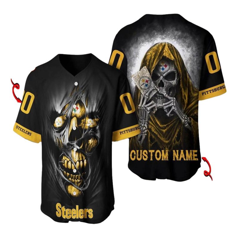 Personalized Pittsburgh Steelers Logo Dead Skull Halloween Baseball Jersey 1