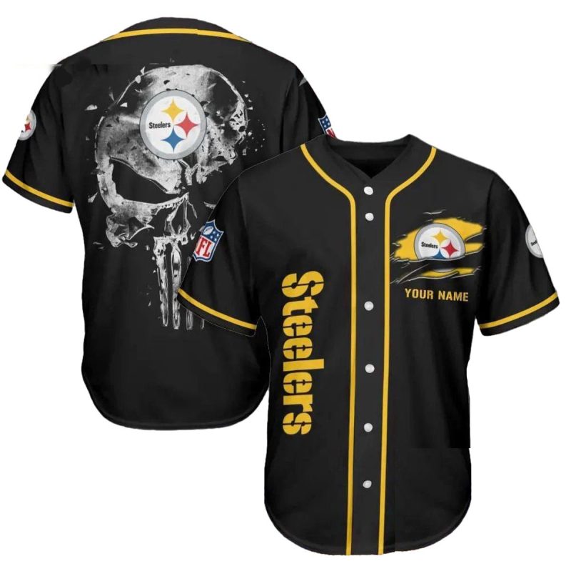 Personalized Pittsburgh Steelers Logo Iron Skull Black Baseball Jersey 1