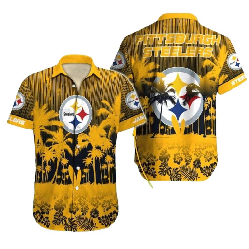 Personalized Pittsburgh Steelers Logo Palm Coconut Tree And Sunset Pattern Hawaiian Shirt 1