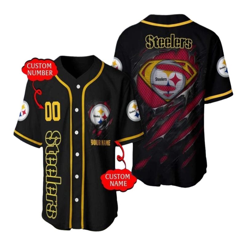 Personalized Pittsburgh Steelers Logo Super Man Baseball Jersey 1