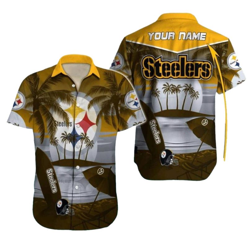 Personalized Pittsburgh Steelers Logo With Beach And Surfboard Hawaiian Shirt 1