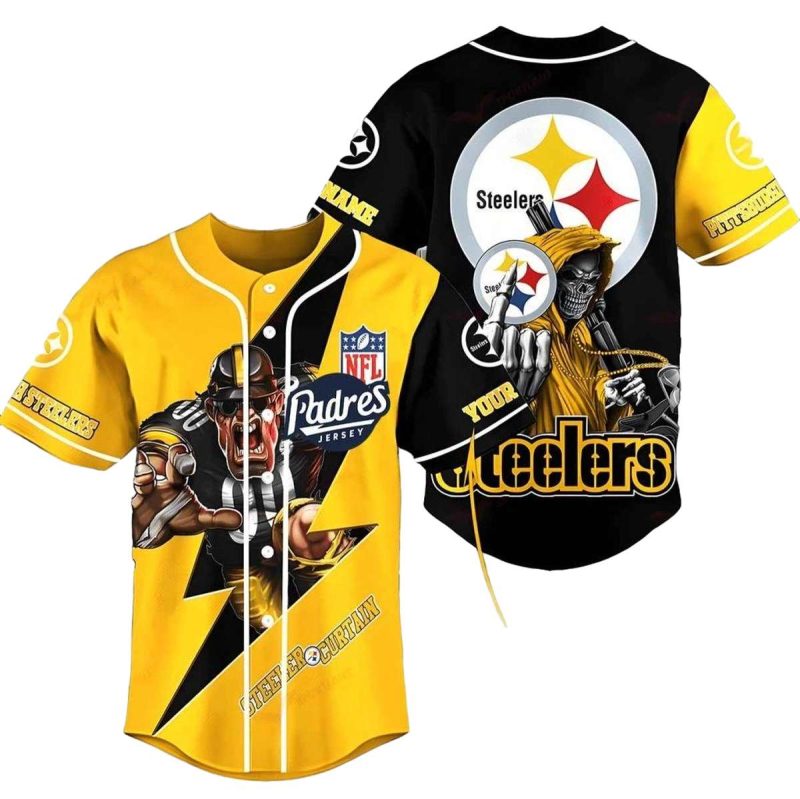Personalized Pittsburgh Steelers Mascot And Dead Skull Yellow And Black Baseball Jersey 1