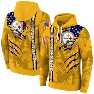 Personalized Pittsburgh Steelers Ripped Flag Gold AOP Hoodie