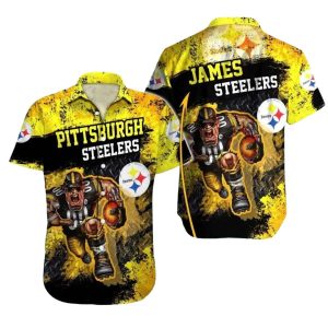 Personalized Pittsburgh Steelers Rugged Black And Gold Game Art Mascot Hawaiian Shirt
