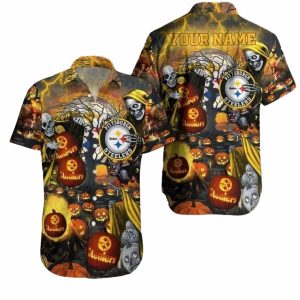 Personalized Pittsburgh Steelers Skeleton And Pumpkin Halloween Hawaiian Shirt