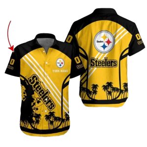 Personalized Pittsburgh Steelers Steel City Sunset Palms Yellow Hawaiian Shirt