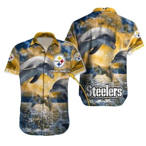 Personalized Pittsburgh Steelers Sunset Dolphins Ocean Waves Hawaiian Shirt