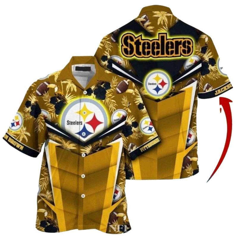 Personalized Pittsburgh Steelers Tiki Hut Palm Shadow Hawaiian Shirt 1