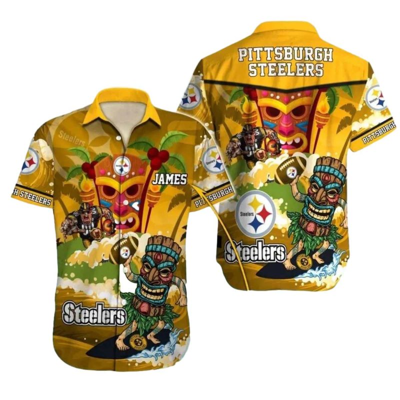 Personalized Pittsburgh Steelers Tiki Mask And Tropical Design Hawaiian Shirt 1